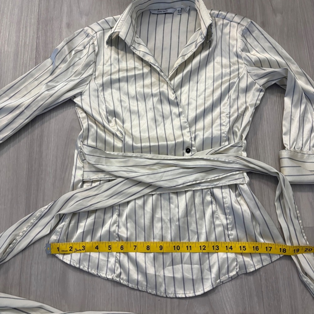 Zara Basic Womens Kimono Cream Pinstripe Satin Wrap Blouse Tie Waist Size M - Picture 10 of 13